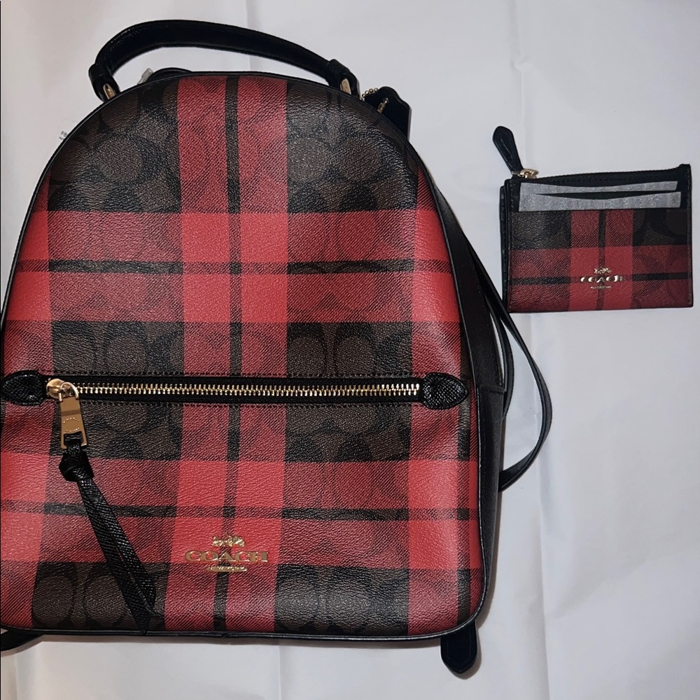 Coach Red and Black Plaid Backpack w/matching wallet